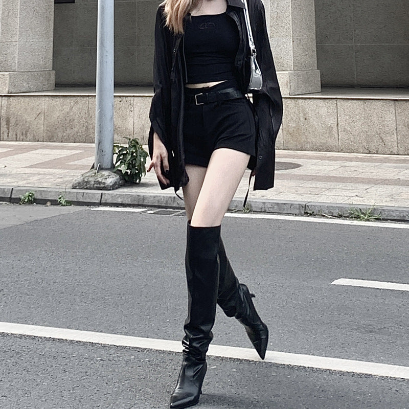 2025 Spice Girl Wide Boots popular New Big Tube Women's Boots Pointed Tips Thin Heels Skinny Pile Boots Large Size Over-the-Knee Boots