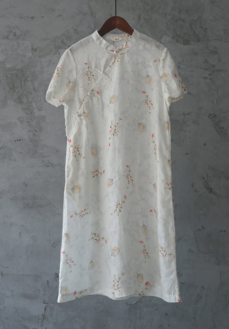 literary and artistic light Chinese style printed ramie cheongsam retro Republic of China thin and versatile dress L21088