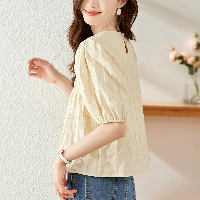 Cotton cocoon, apricot short-sleeved shirt women's clothing  summer new design sense niche loose crew neck top shirt