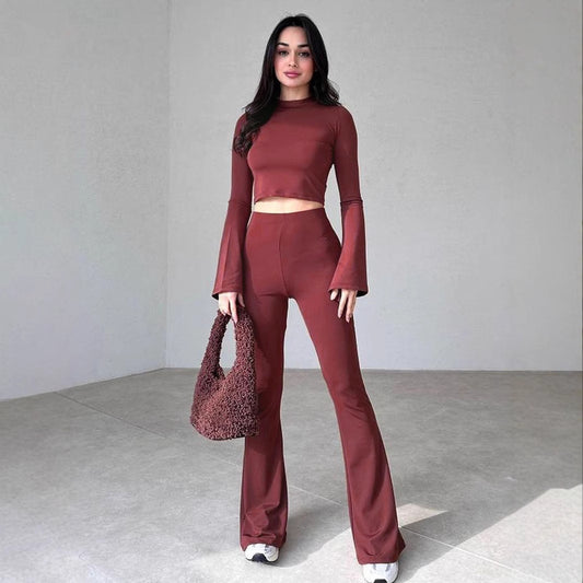 BENPAOLV 2025 New popular winter women's clothing new solid color long-sleeved top micro-speaker sports casual trousers set