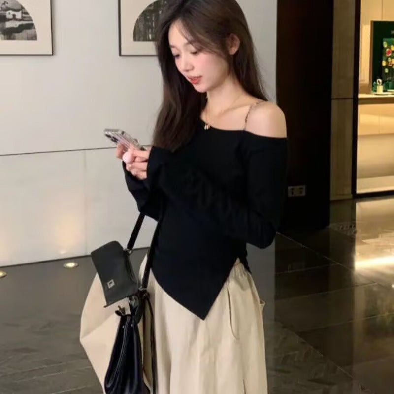 This year's popular beautiful suit 2025 off-shoulder irregular top wide-leg pants pure salt light and cooked two-piece set