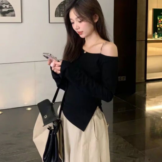 This year's popular beautiful suit 2025 off-shoulder irregular top wide-leg pants pure salt light and cooked two-piece set