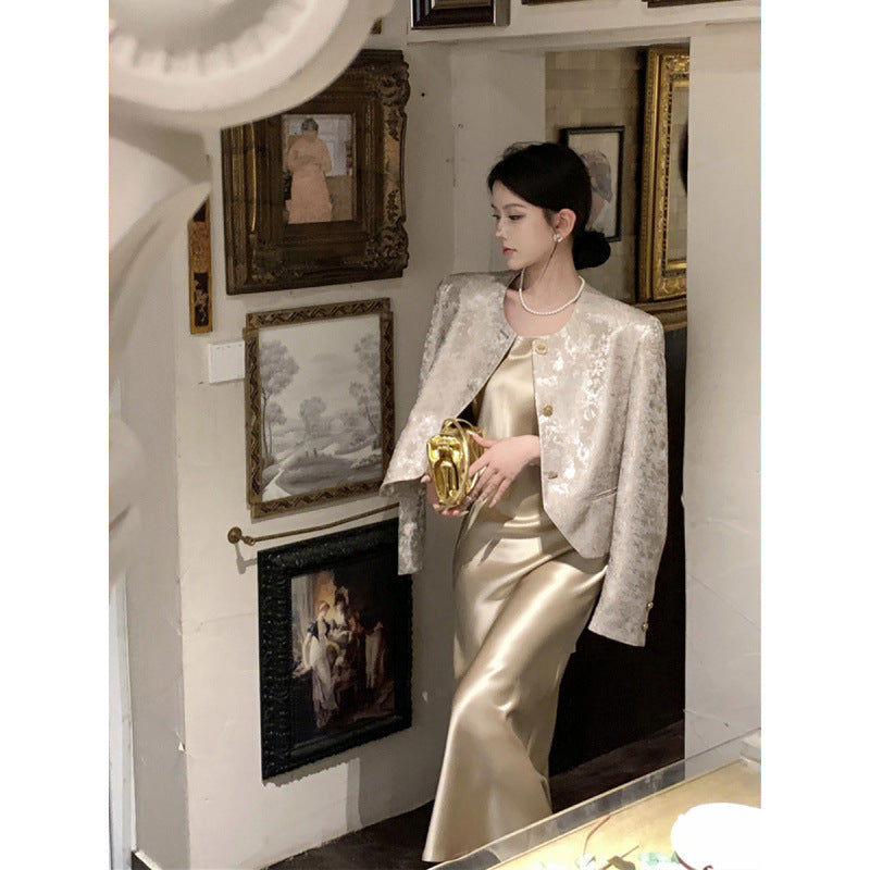 2025 Spring Maillard wears a jacquard fragrant coat + acetic acid satin thin suspender dress for women