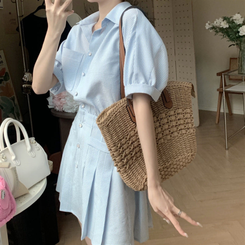 2025 Spring Age Reduction Fashion Polo Neck Striped Shirt Dress Women's Skinny Coffee Break  Pleated Dress