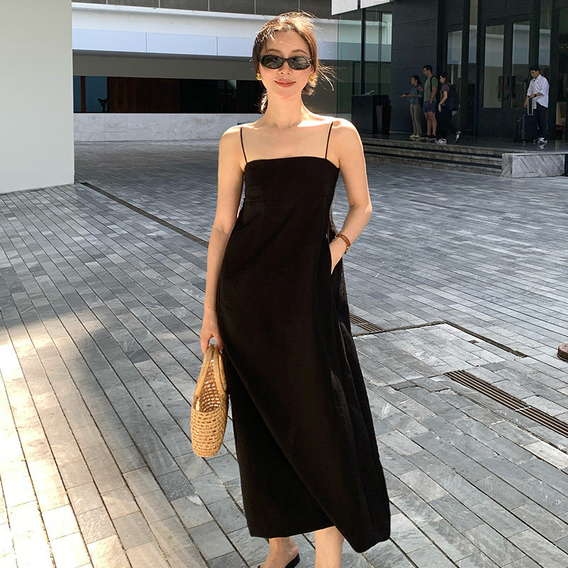 2025 spring new Korean version high waist elegant cotton and linen suspender dress solid color pure desire skirt 88229