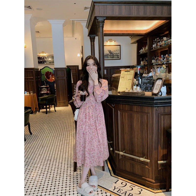 2025 spring new rose coffee break dress Huayao printing temperament V-neck medium and long floral dress women