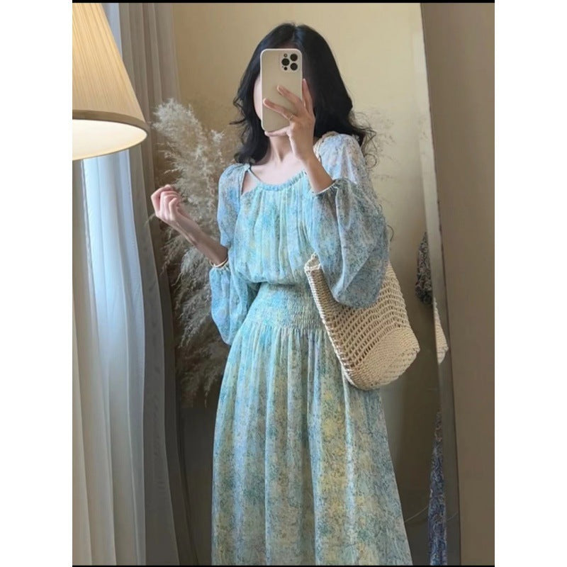 2025 Dongdaemun, South Korea  Hong Kong style retro celebrity temperament floral waist thin chiffon long-sleeved dress women