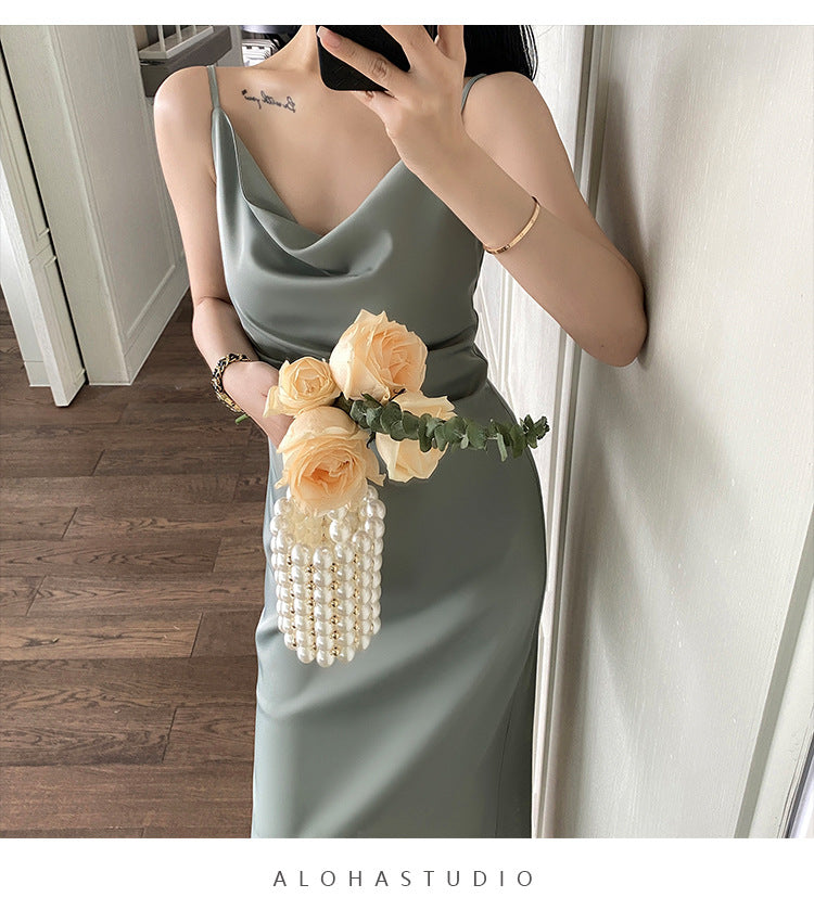 2025 Satin suspender dress spring dress women's  new swinging collar sexy spice girl split hip wrap long dress women's clothing