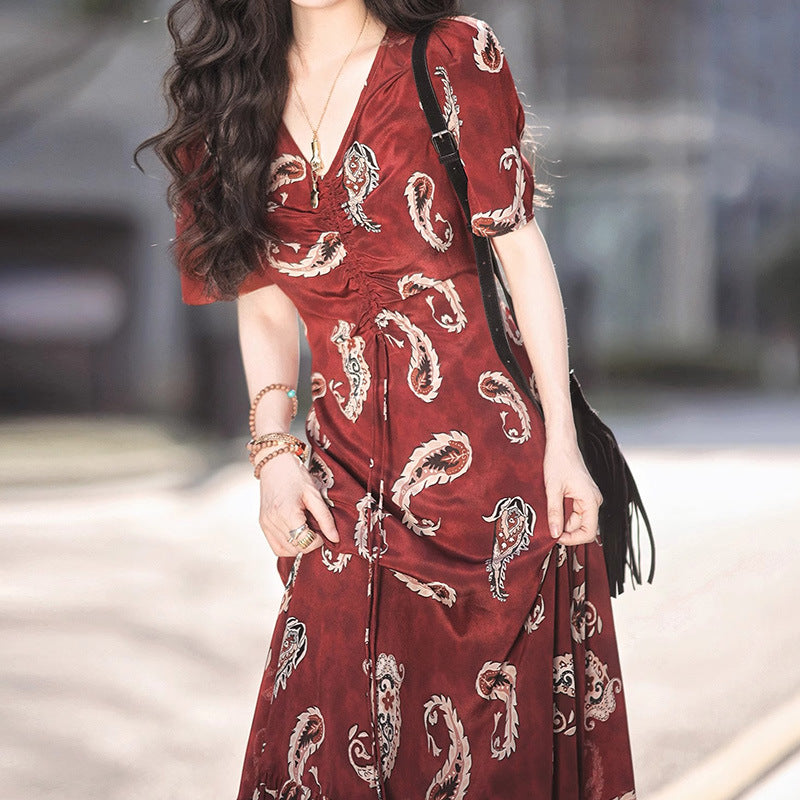 2025 100 silk double crepe fishtail skirt mulberry silk skirt dress summer high-end short-sleeved V-neck medium and long women's clothing