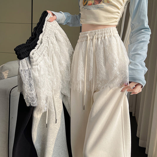 Ballet lace splicing wide-leg pants women's 2025 spring wear new two-wear Spice Girl straight versatile casual sweatpants