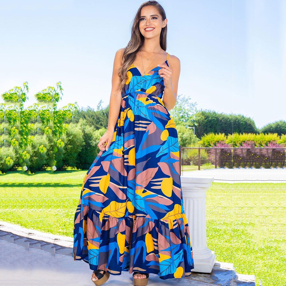 2025New summer new  women's clothing backless dress, thin waist long dress temperament split suspender skirt