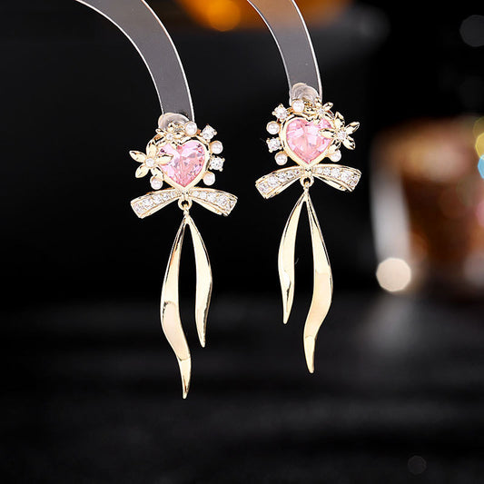 2025 Korean version of fresh temperament sweet girl heart earrings zircon stud earrings s925 silver needle streamer bow love earrings