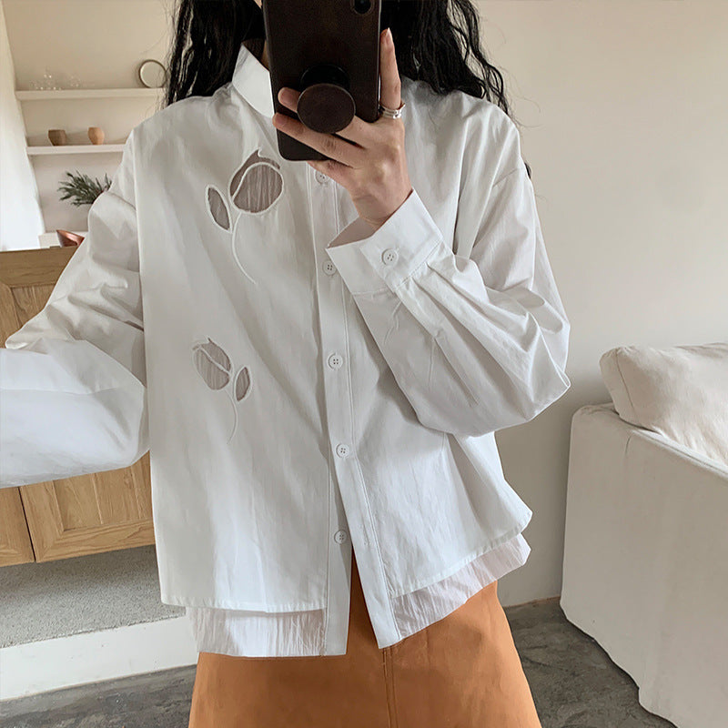 Cotton cocoon, double-layer hollow shirt women's long-sleeved  summer new tulip lapel long-sleeved top shirt