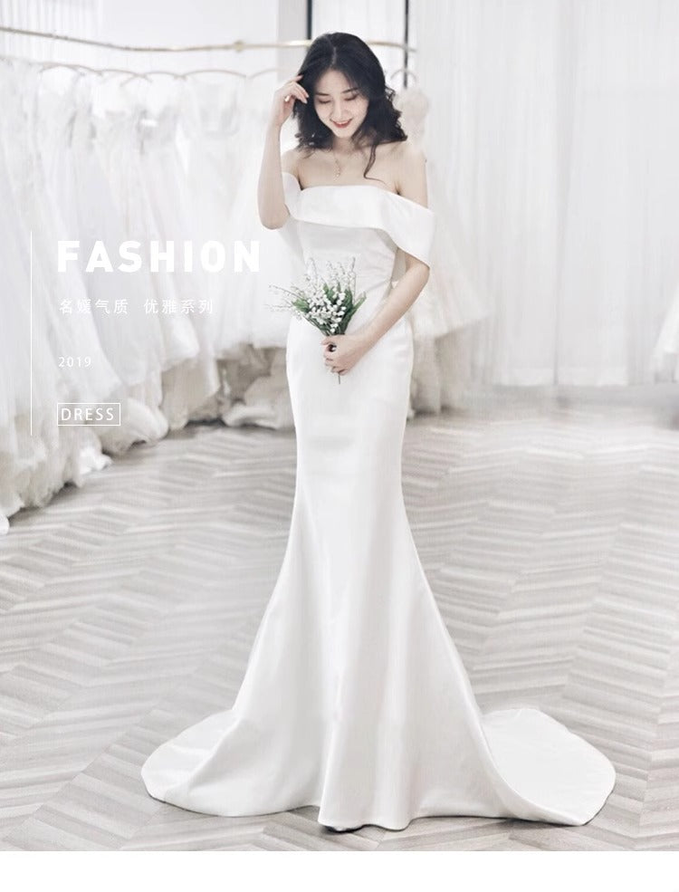 2025 One-word shoulder sexy backless satin light wedding dress simple atmosphere trailing  new thin fishtail bride wedding