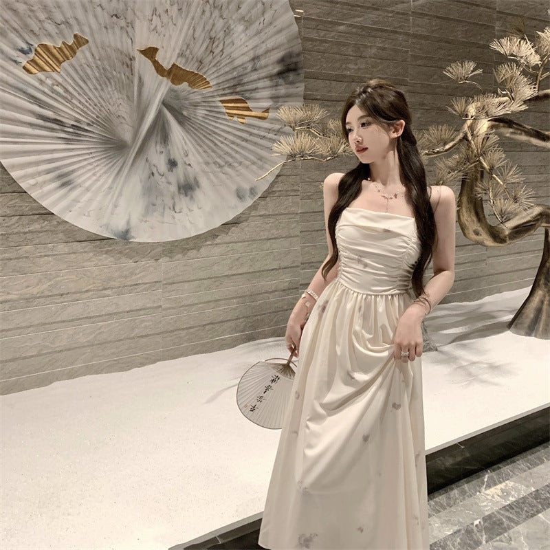 2025 Summer  coffee break tube top, ink suspender dress, women's gentle wind, retro temperament, high-end long skirt