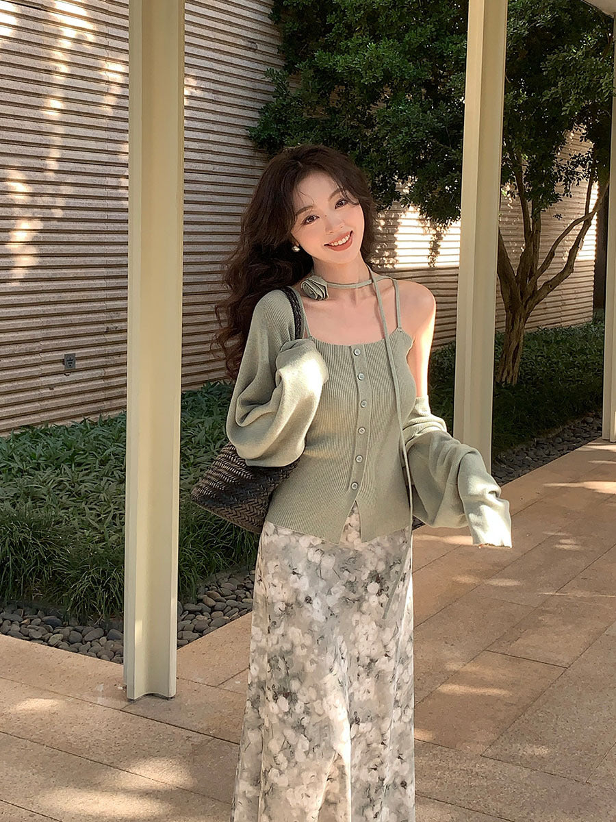 2025 spring new wool knitted small suspender vest sunscreen blouse two-piece set women 25190