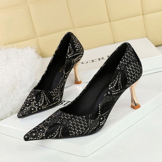 2025 1818-50 Gentle intellectual lace Korean version medium heel single shoes pointed irregular texture fine heel professional women's single shoes