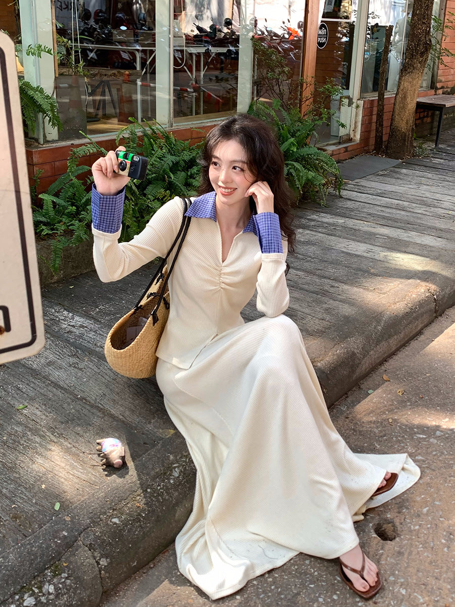 2025 spring college style lapel shirt + high waist A-shaped skirt two-piece suit female 89258