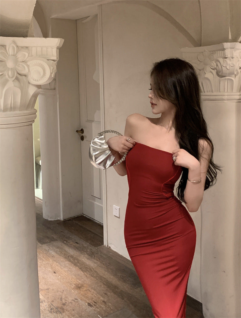 2025 Retro  tube top dress women's summer new seaside vacation sexy spice girl royal sister style slim hip skirt