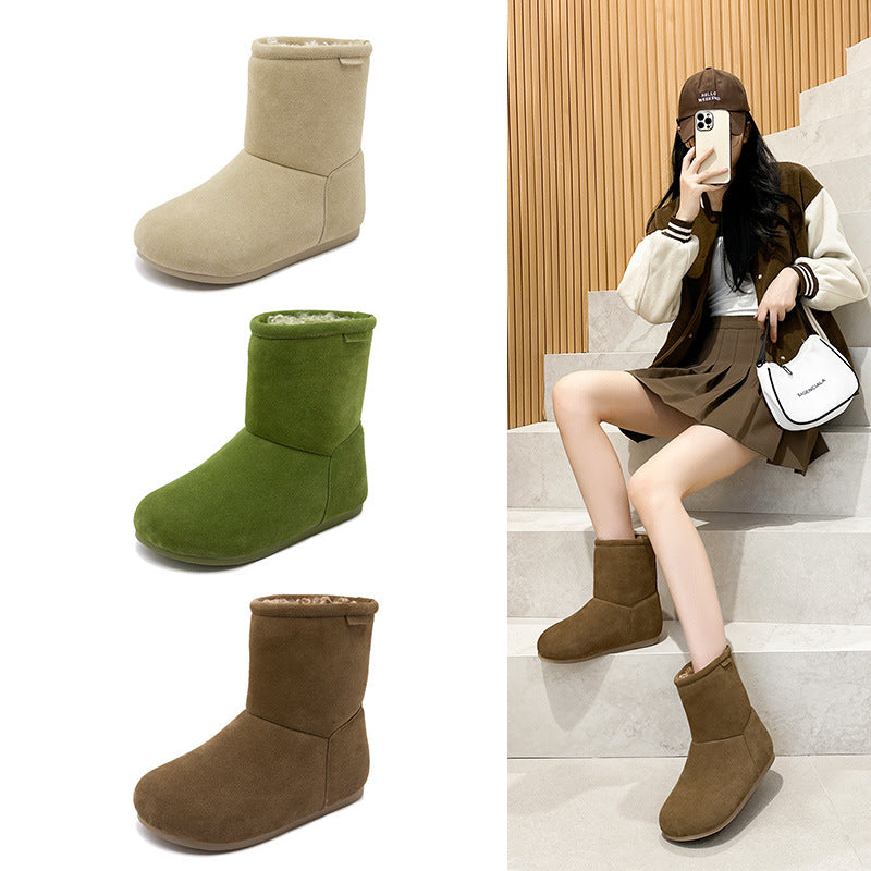 2025  popular autumn and winter new fashion leather snow boots versatile knight boots leather flat women's shoes tide sleeve two wear