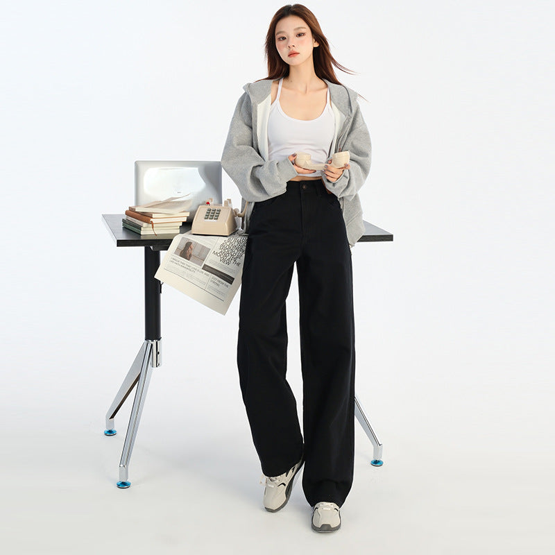 2025 Meixuan n high street black straight jeans women's autumn and winter high waist loose and thin wide-leg pants wholesale