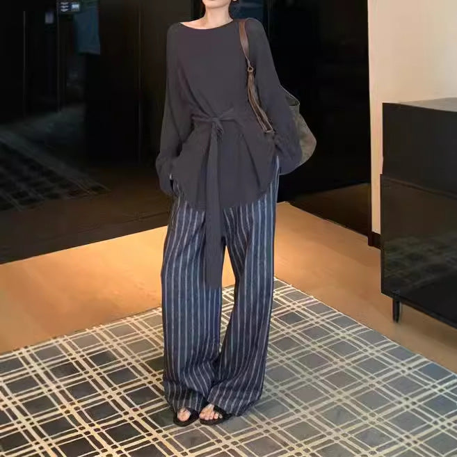 2025 Spot gray lazy style long-sleeved knitted top loose and thin striped wide-leg pants casual pants set