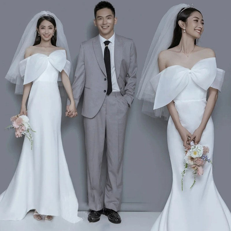 2025 New one-word shoulder light wedding dress bow fishtail skirt simple wedding dress couple photo theme photo dress