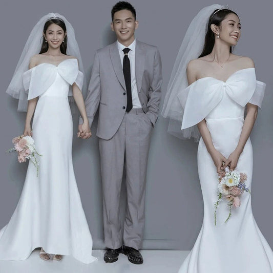 2025 New one-word shoulder light wedding dress bow fishtail skirt simple wedding dress couple photo theme photo dress