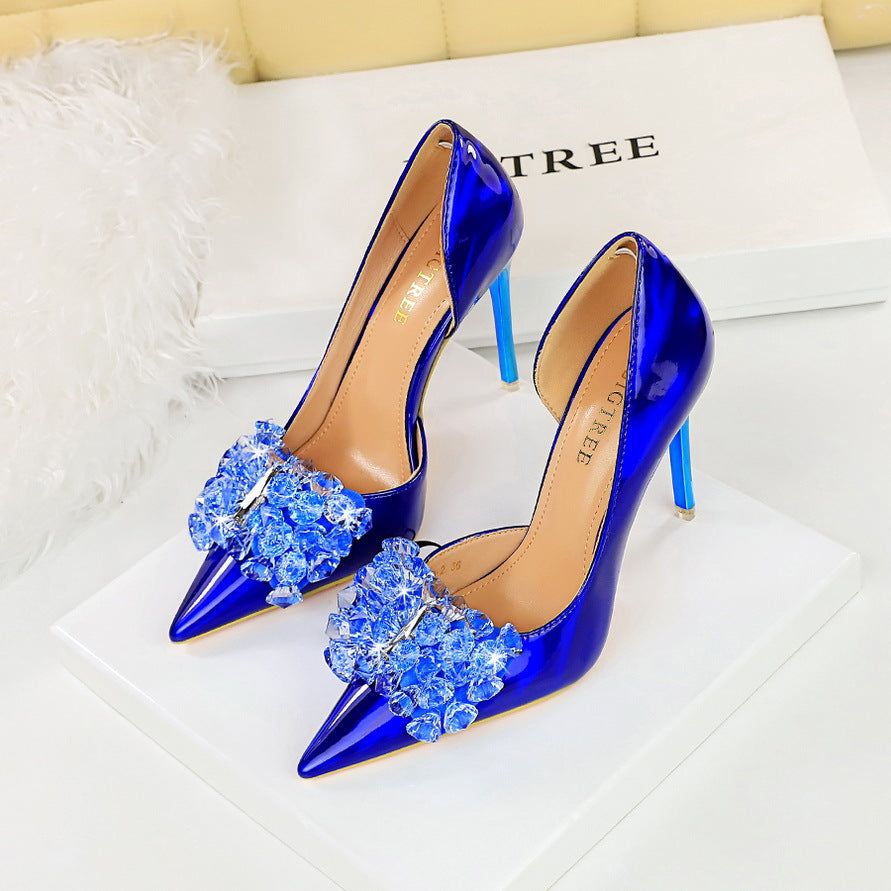 2025 18188-H27  banquet high heels light luxury women's shoes shallow mouth pointed side hollow rhinestone bow single shoes
