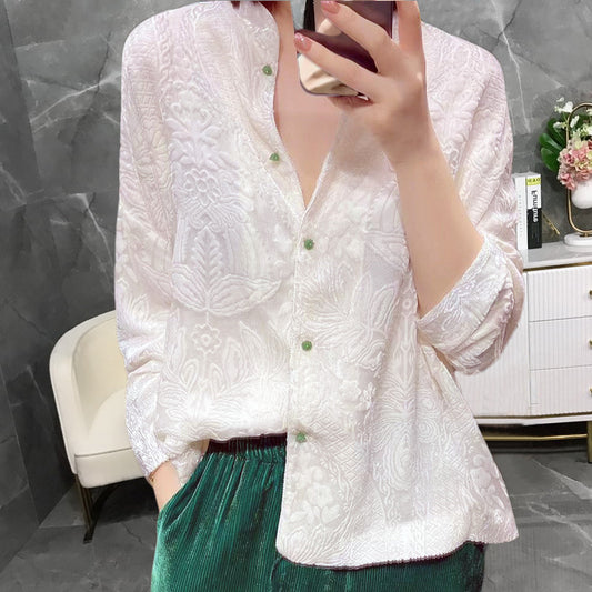 2025 Heavy industry jacquard, silk velvet, new Chinese shirt, stand-up collar cardigan  summer, top and coat women's clothing