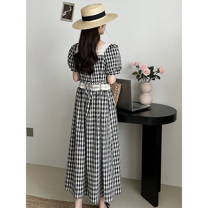 2025 [60% off for summer clearance] Summer Korean  temperament bubble sleeve plaid dress square collar retro and sweet