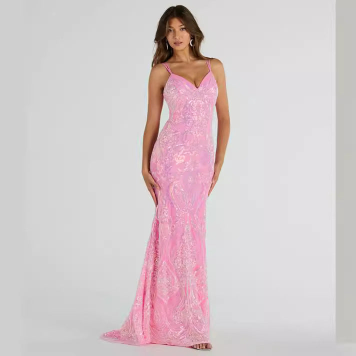 2025 popular new lace-up mermaid sequin dress spring and summer vacation casual medium and long dress