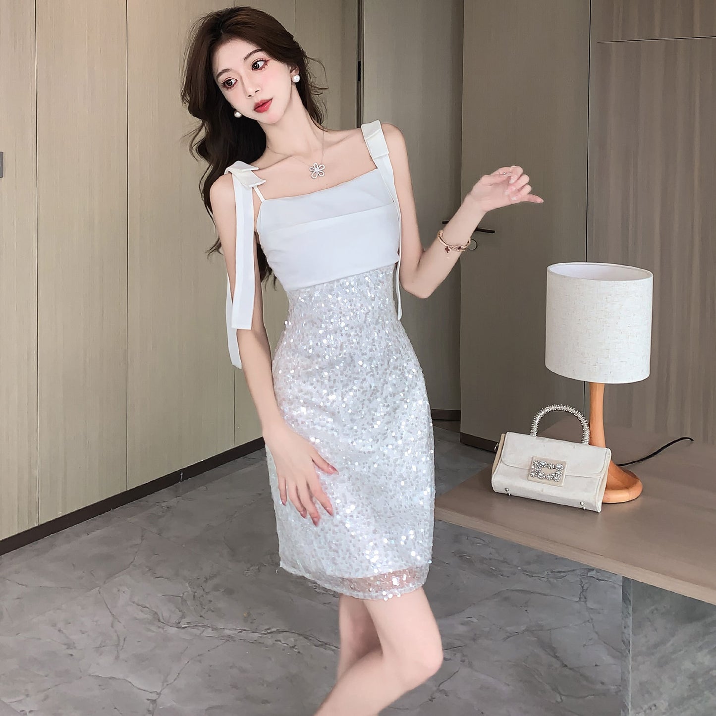 Sequined splicing banquet dress white 2025 spring and summer new  suspender dress socialite evening dress dress