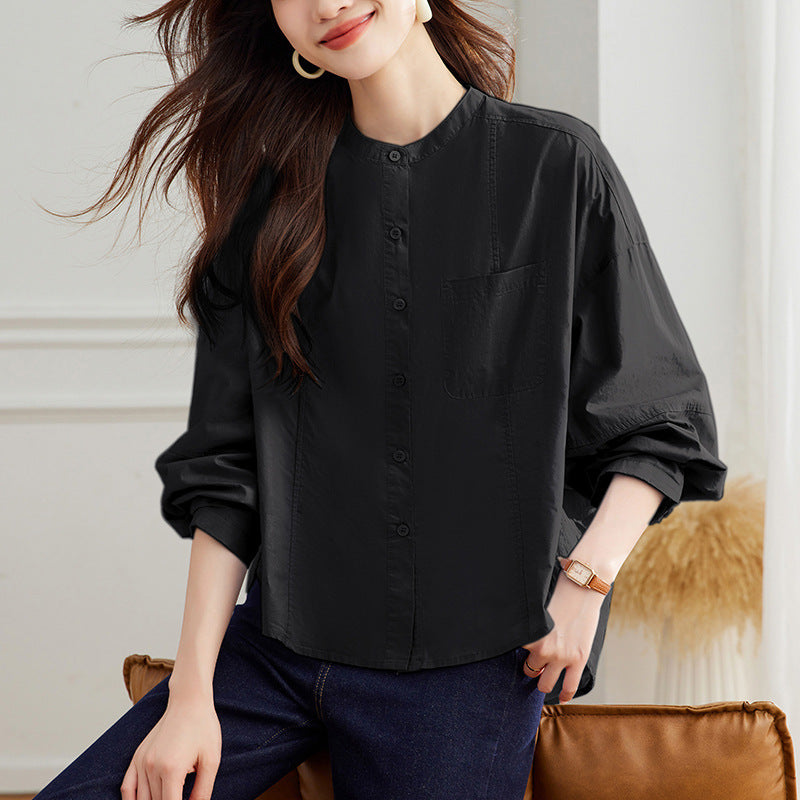 direct sales blue round neck long-sleeved shirt women's  spring clothing new temperament commuter design loose top