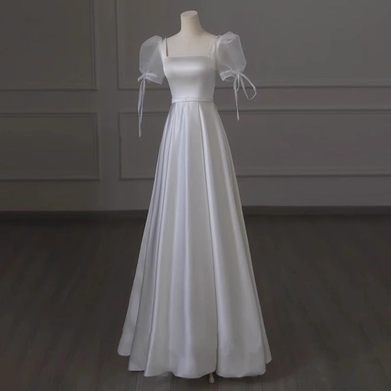 2025 light wedding dress bride Mori simple satin go out yarn certificate white engagement dress dress small man