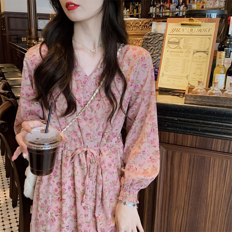 2025 spring new rose coffee break dress Huayao printing temperament V-neck medium and long floral dress women