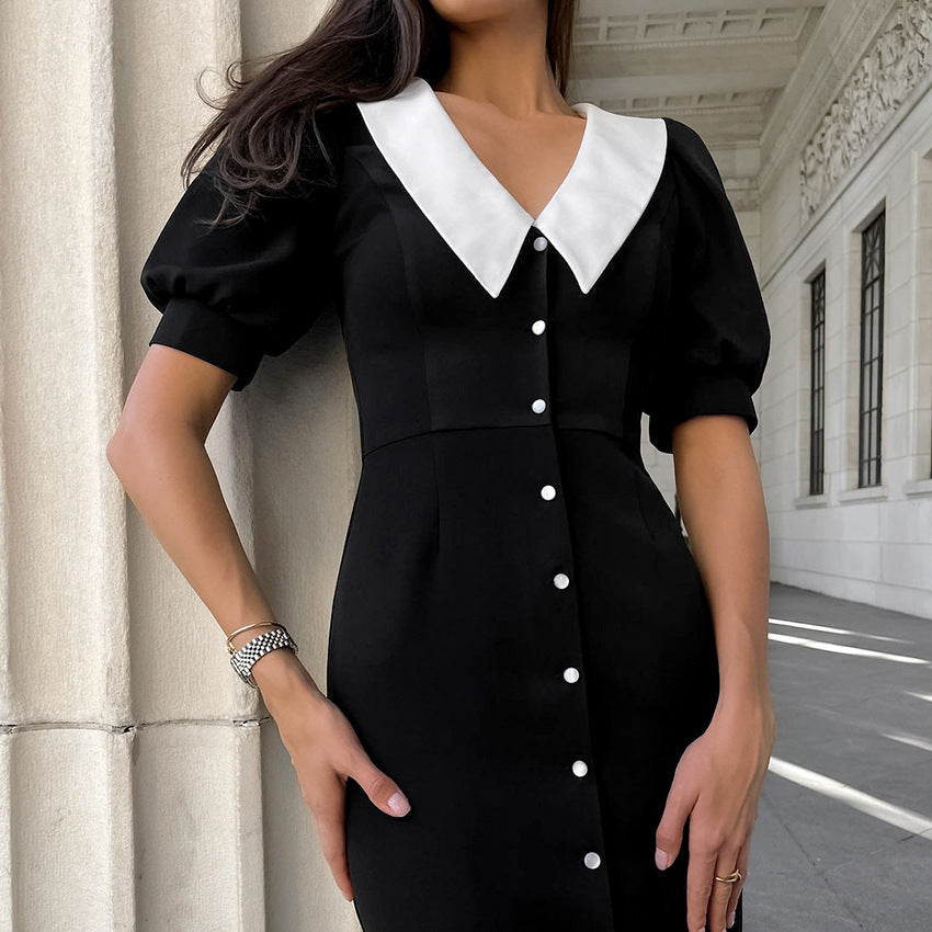 2025 V-neck contrasting color bubble sleeves temperament elegant dress popular  summer fashion new women's long dress