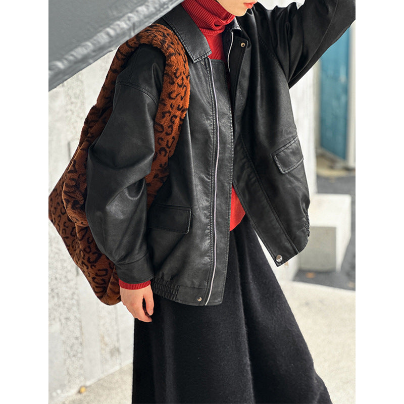 2025 popular winter new retro washed solid color leather jacket PU jacket windproof fashion short coat 3215-1