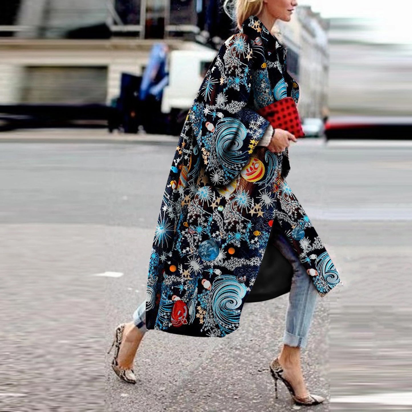 new New   coats fashion color matching lapel digital printing double-sided tweed coat