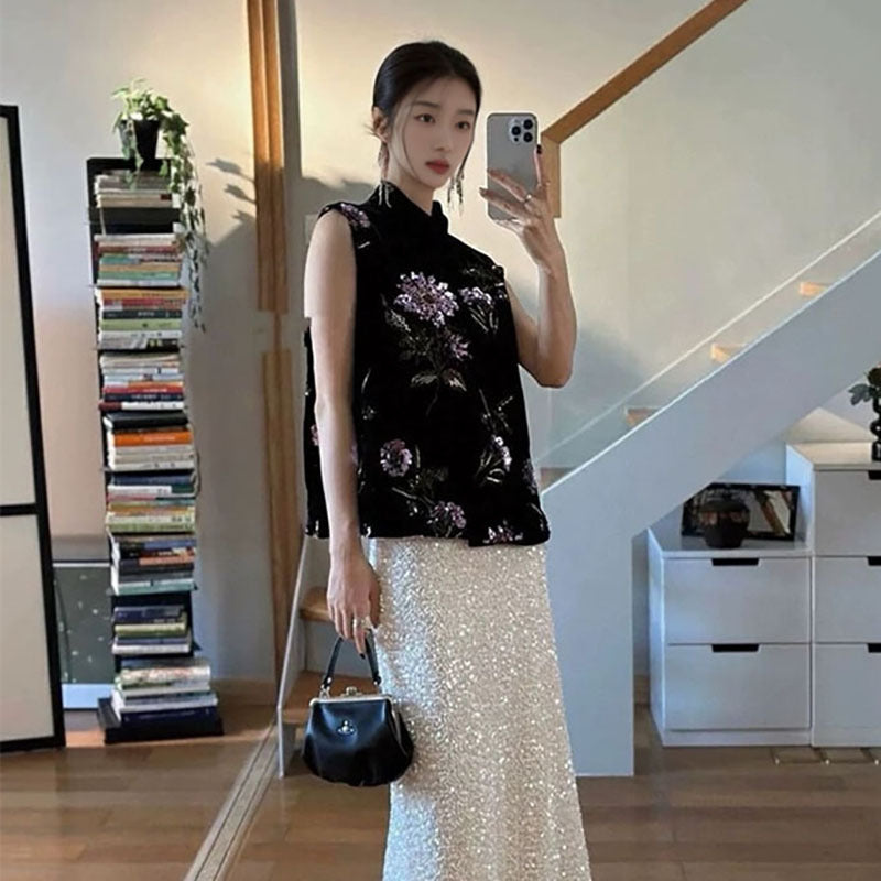 Early spring new expensive new Chinese style retro heavy industry sequins purple gold flower temperament versatile vest female N1014