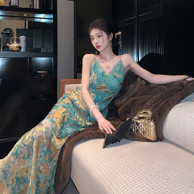 National Style New Chinese Light Luxury Temperament Printed Dress 2025 Summer Slim Sexy Suspender Dress Women N3076