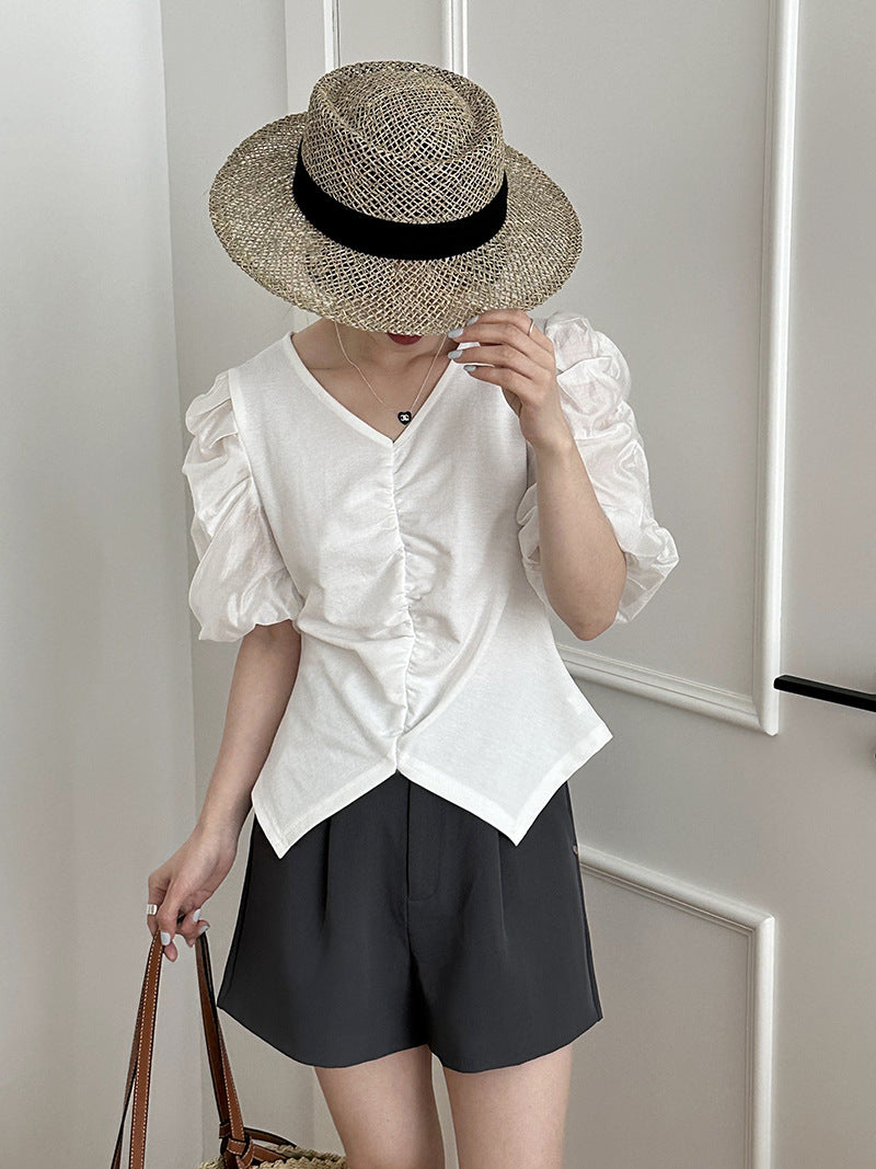 2025 popular summer pleated bubble sleeve design sense v-neck top shows  temperament solid color top 2837