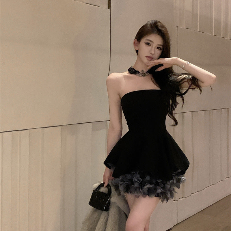2025 high-end birthday dress design sense niche celebrity temperament super good-looking one-word shoulder tube top dress