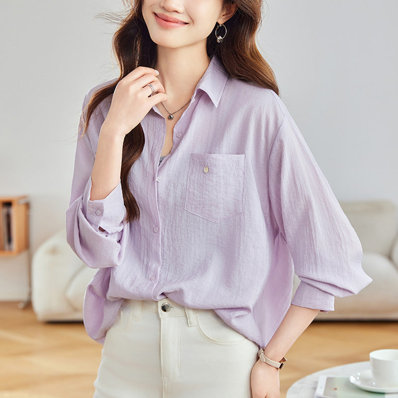 [Customized] Purple shirt women's long sleeves  spring clothes rear-breasted design top medium and long shirt