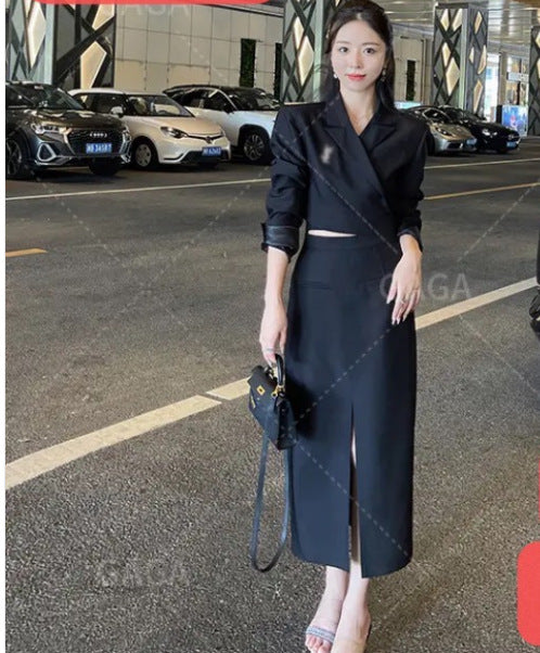 High-end short temperament long-sleeved small suit medium and long split skirt women's autumn 2025 new two-piece set