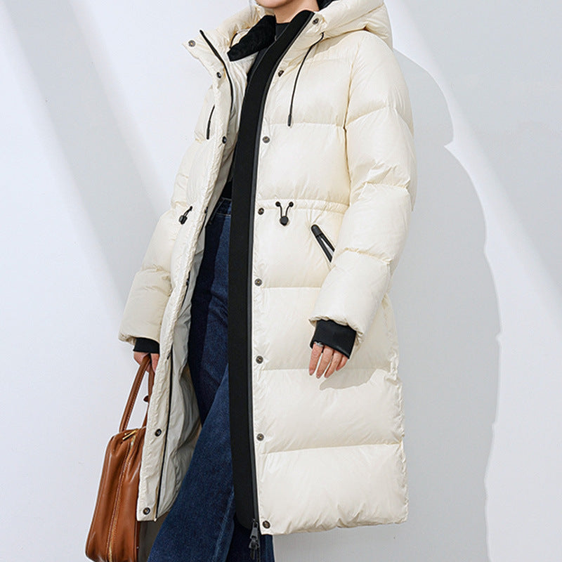2025 90% white goose down winter new glossy thickened cold-resistant slim waist medium and long down jacket women's warm jacket