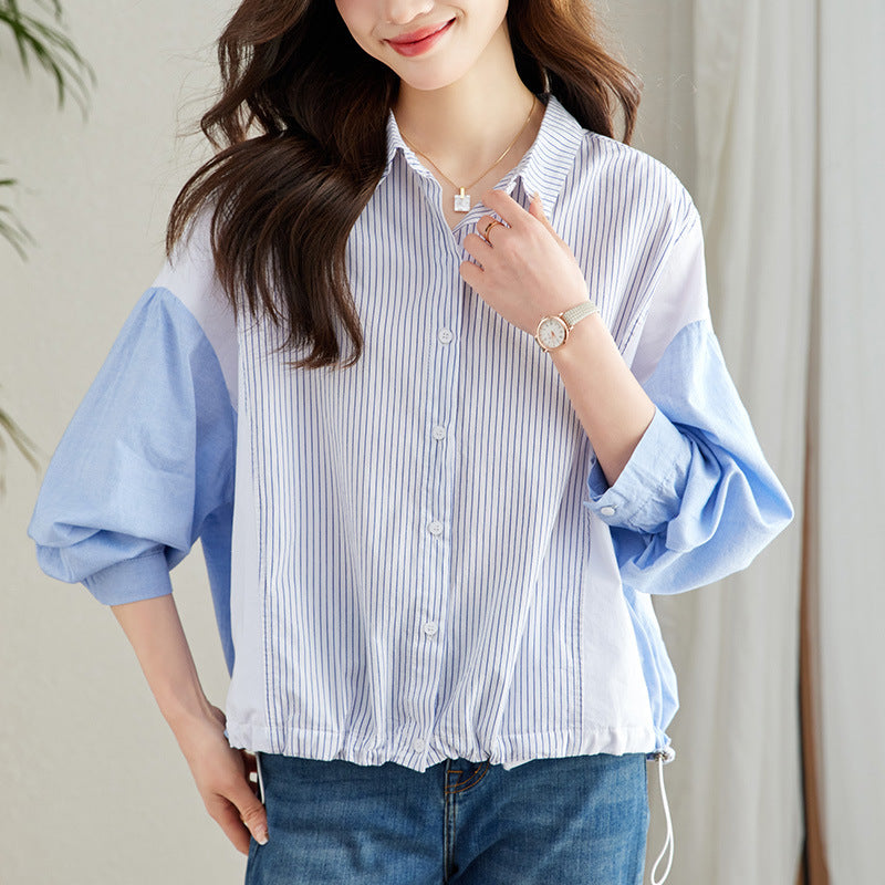 direct sales pure cotton long-sleeved shirt women's splicing vertical strip shirt women's commuter Korean version loose and chic striped top