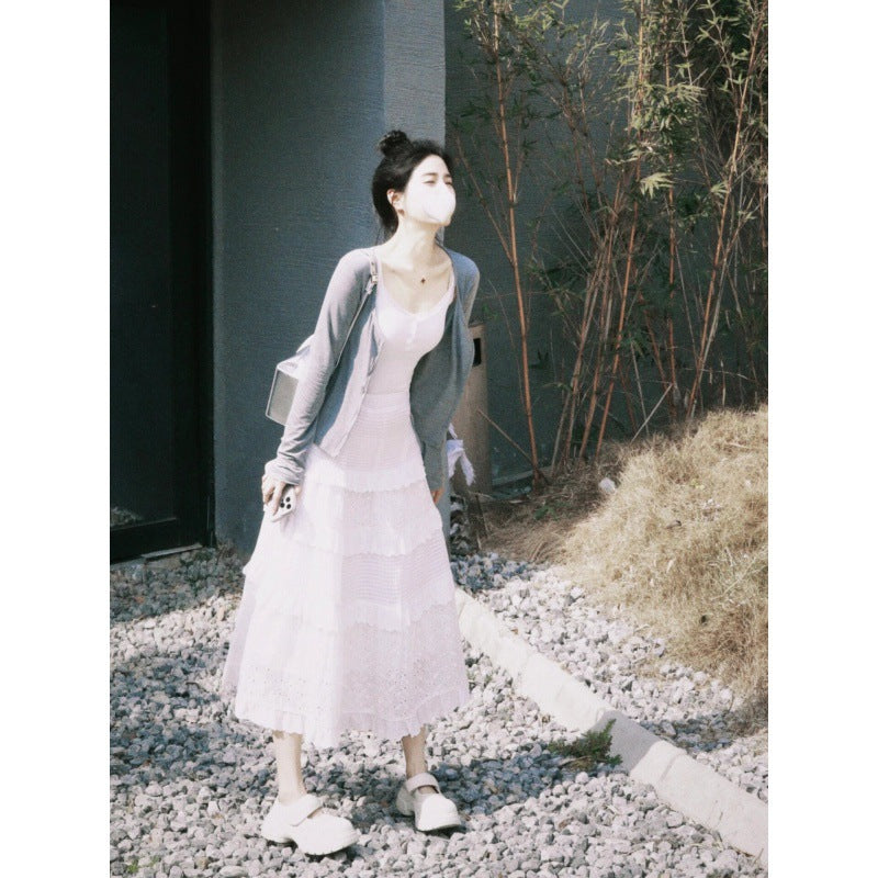 Pure first love suit knitted cardigan jacket suspender vest women's early spring cake skirt skirt three-piece set