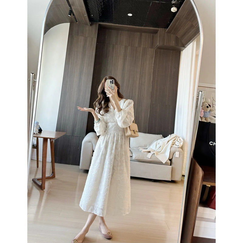 2025 Korean early spring new temperament women's collar jacquard waist strap long sleeves medium and long word dress women