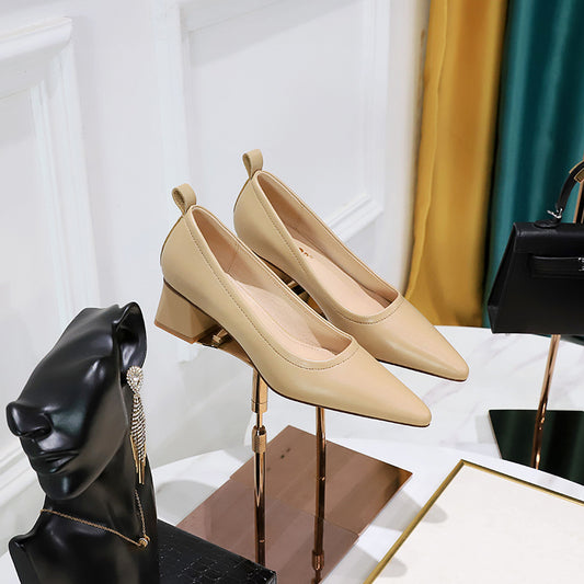 2025 1235-2 Korean version of fashion simple thick heel versatile middle heel shoes shallow mouth pointed professional OL office workers women's shoes single shoes